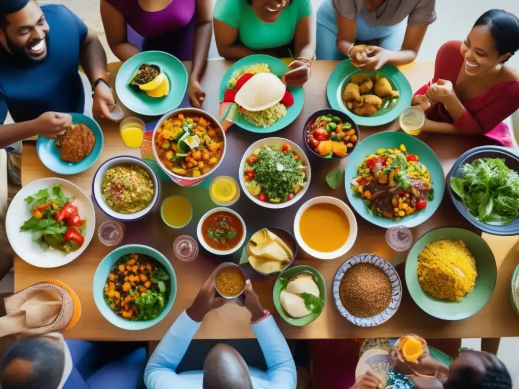 Un grupo diverso comparte una comida colorida y animada, reflejando la fusión cultural alimentación saludable.