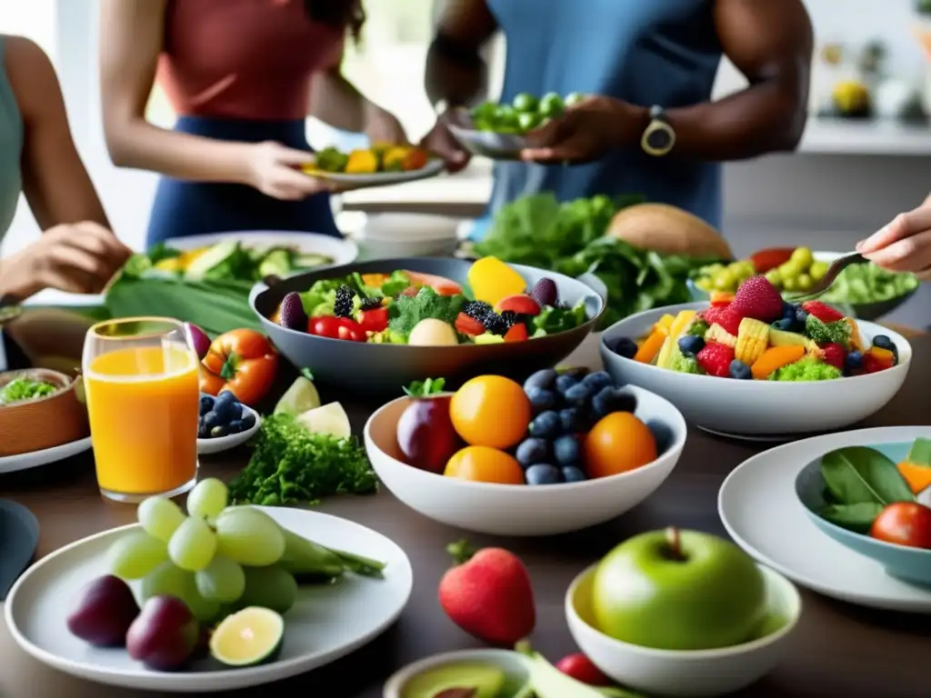 Un grupo diverso disfruta de una comida colorida y nutritiva en una cocina moderna. Promueve la alimentación balanceada para imagen saludable.