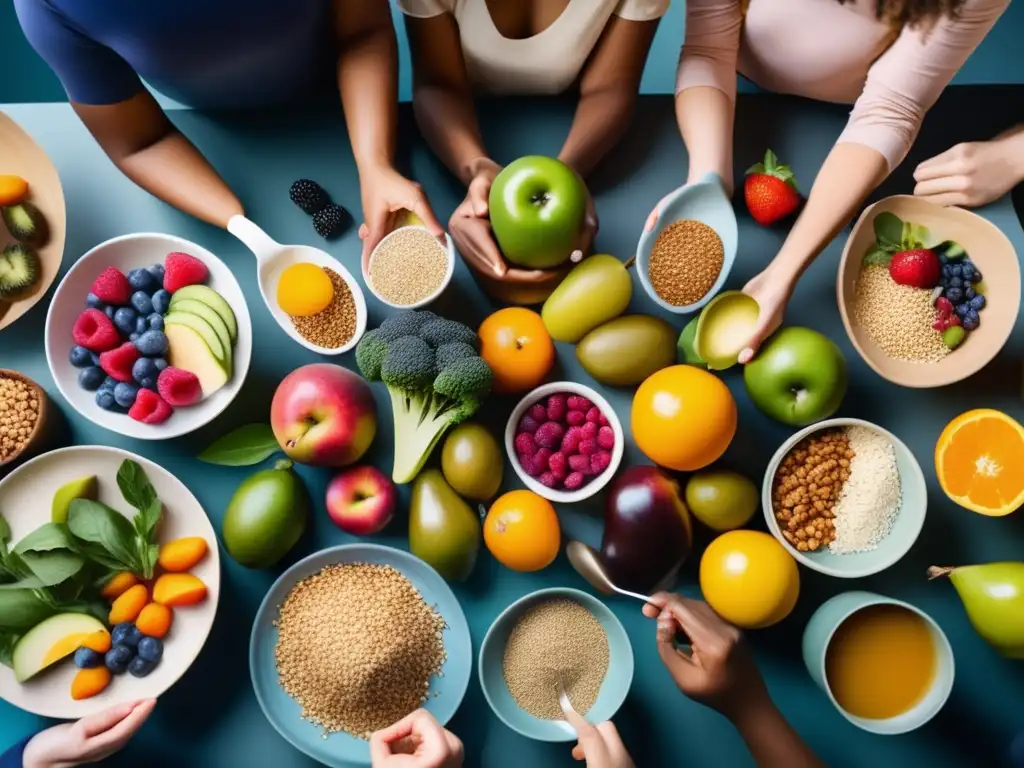 Un grupo diverso disfruta de una comida consciente con alimentos frescos y coloridos. <b>Transmiten calma y bienestar.</b> <b>Alimentación intuitiva para control peso.