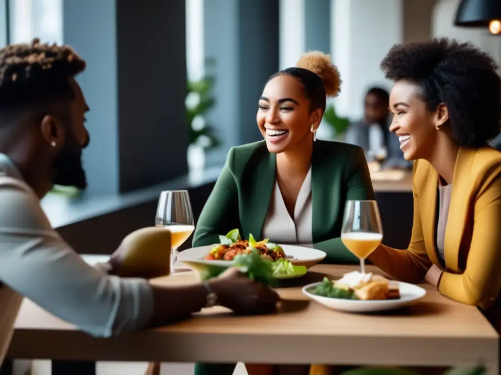 Un grupo diverso comparte una comida con expresiones animadas, generando una atmósfera cálida y acogedora. <b>El moderno diseño interior refleja comodidad y sofisticación, mientras que la iluminación natural realza los colores vibrantes de la comida.</b> La imagen irradia comunidad, empatía y