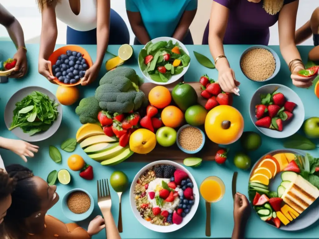 Un grupo diverso disfruta de una comida nutritiva y colorida, mostrando confianza y aceptación. <b>Estrategias nutricionales para combatir body shaming.