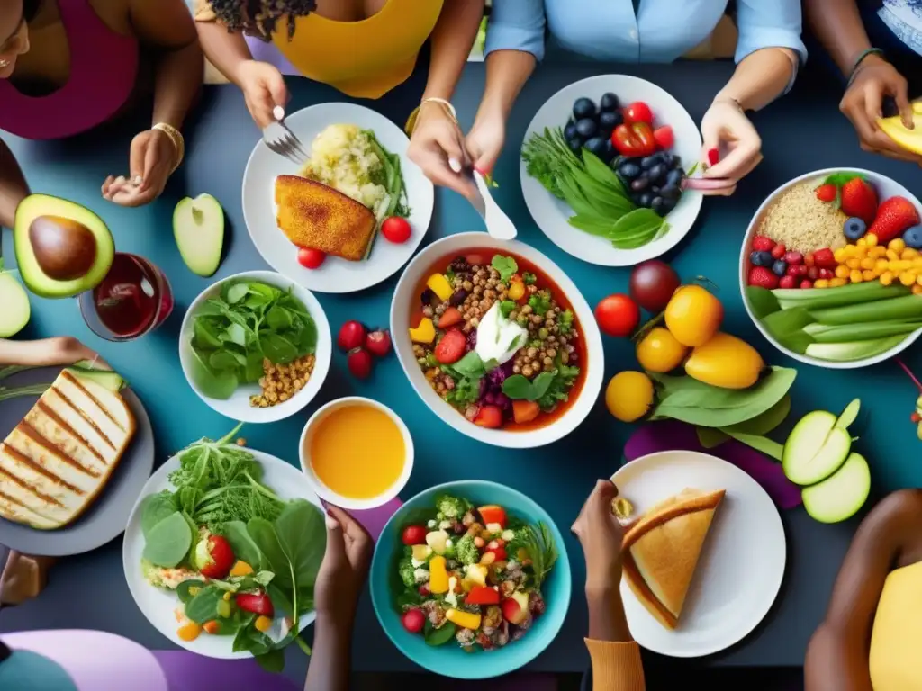 Un grupo diverso disfruta de una comida personalizada y saludable juntos, transmitiendo una sensación de comunidad y bienestar. <b>Nutrición personalizada microbiota dieta.