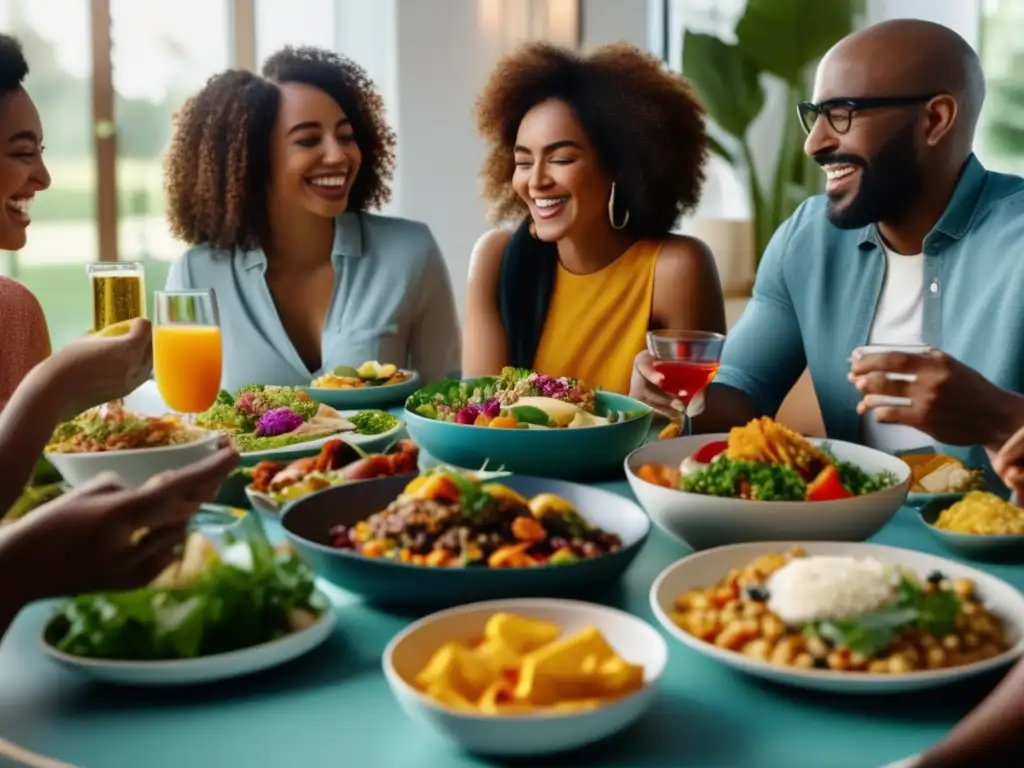 Un grupo diverso disfruta de una comida con platos coloridos y frescos en un ambiente inclusivo, transmitiendo la esencia de una experiencia de dieta personalizada alergenos alimentarios.