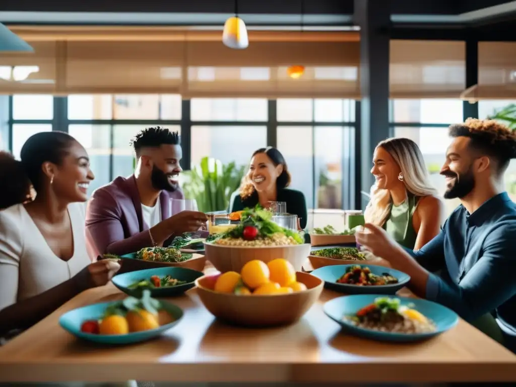 Un grupo diverso disfruta una comida en restaurante eco-friendly. <b>Platos coloridos con alimentos frescos.</b> <b>Ambiente moderno y sostenible.</b> 'Dietas de moda impacto medio ambiente'