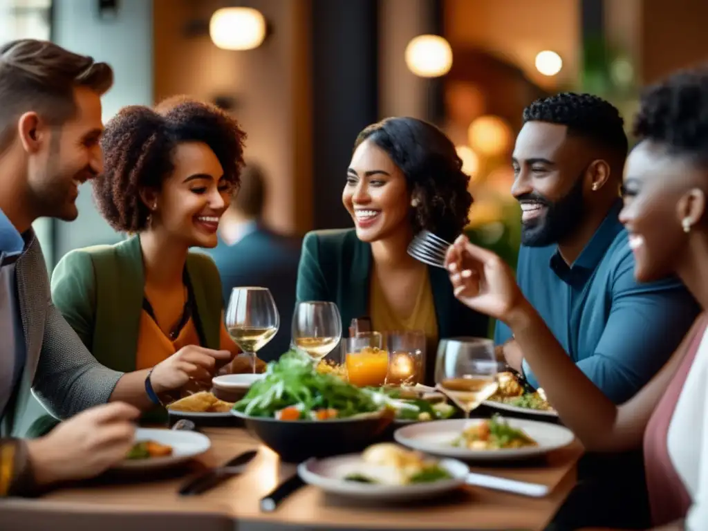Un grupo diverso disfruta de una comida en un restaurante moderno y acogedor, mostrando la importancia de una dieta sin gluten para celíacos.