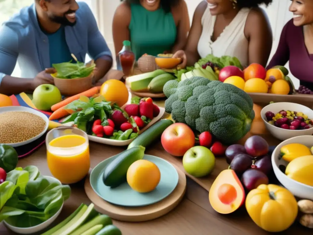 Un grupo diverso disfruta de una comida saludable y educativa, rodeado de libros recomendados para una alimentación saludable.