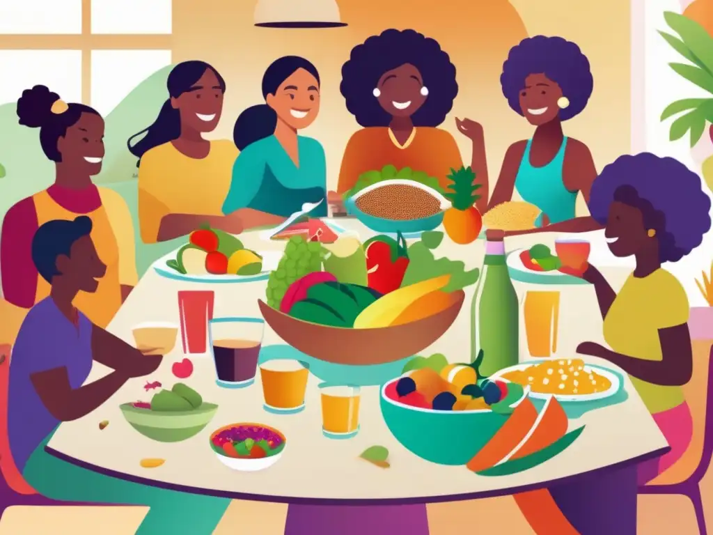 Un grupo diverso disfruta de una comida saludable, rodeados de colores y conocimientos sobre nutrición. <b>Guías alimentarias para principiantes.