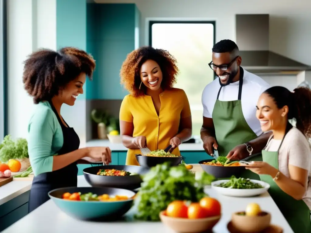 Un grupo diverso disfruta una comida saludable en una cocina moderna, transmitiendo comunidad y bienestar. Guías alimentarias para una vida saludable