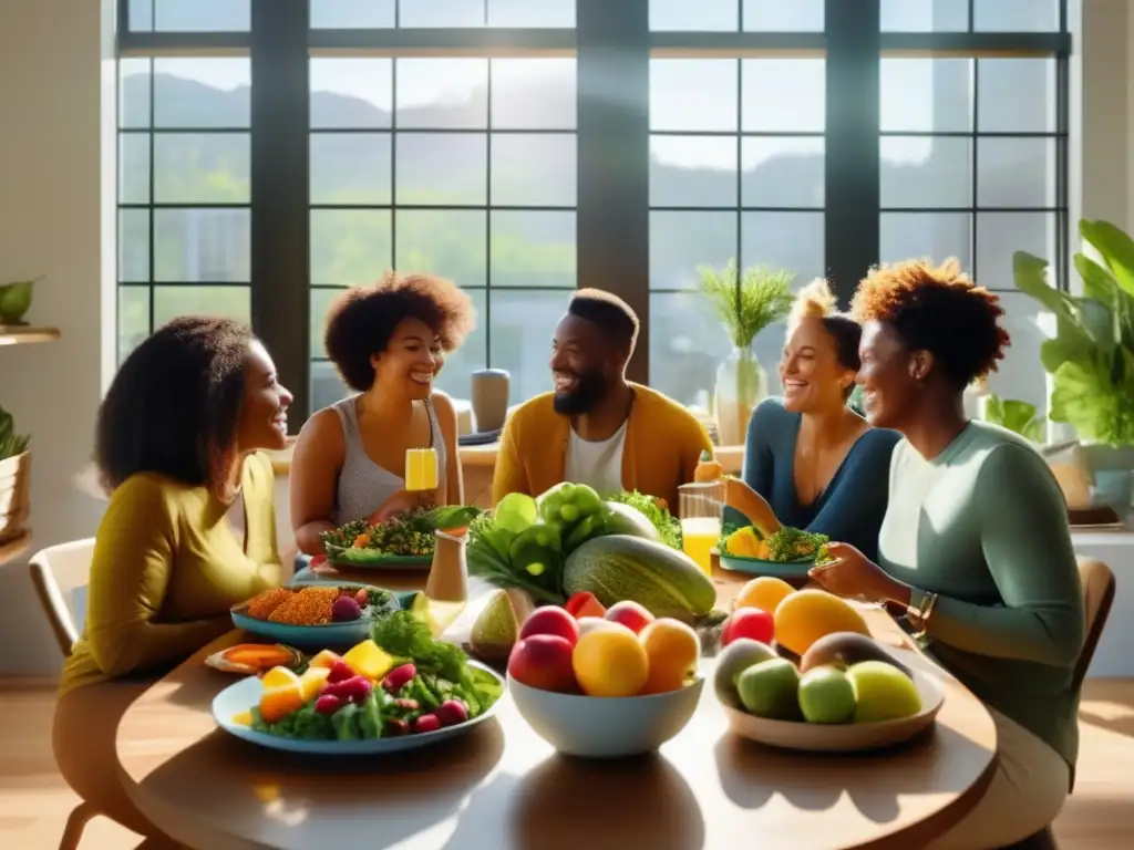 Un grupo diverso disfruta de una comida saludable y colorida en comunidad, evocando pensamientos de impacto positivo en la alimentación y la salud.