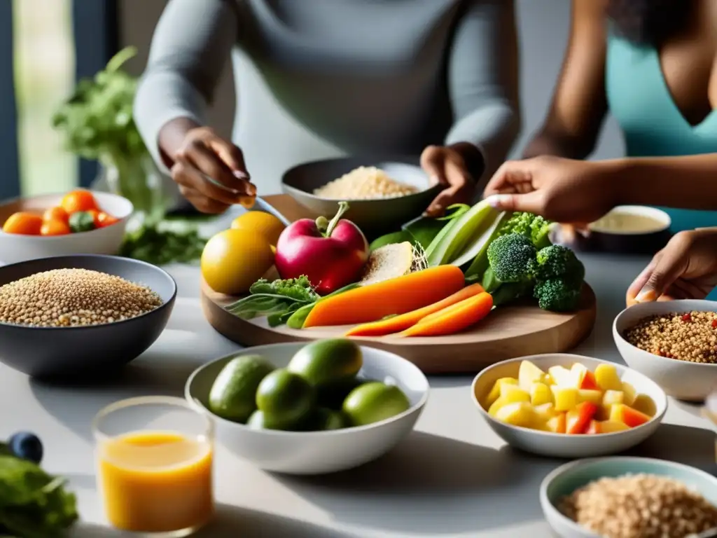 Un grupo diverso disfruta de una comida saludable juntos, fomentando un estilo de vida equilibrado y feliz. <b>Trastornos alimentarios y vida saludable.