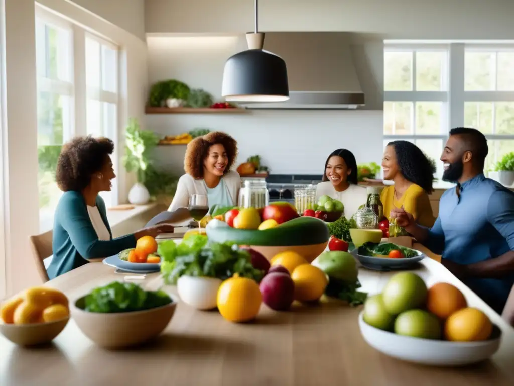 Un grupo diverso disfruta una comida saludable en una cocina luminosa, superando el miedo a comer.
