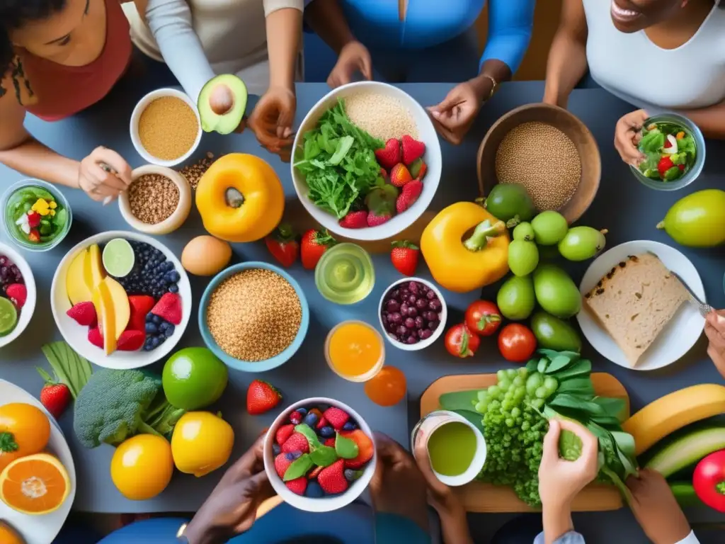 Un grupo diverso disfruta de una comida saludable y colorida. <b>Atmosfera cálida y acogedora.</b> <b>Alimentación consciente para vida saludable.