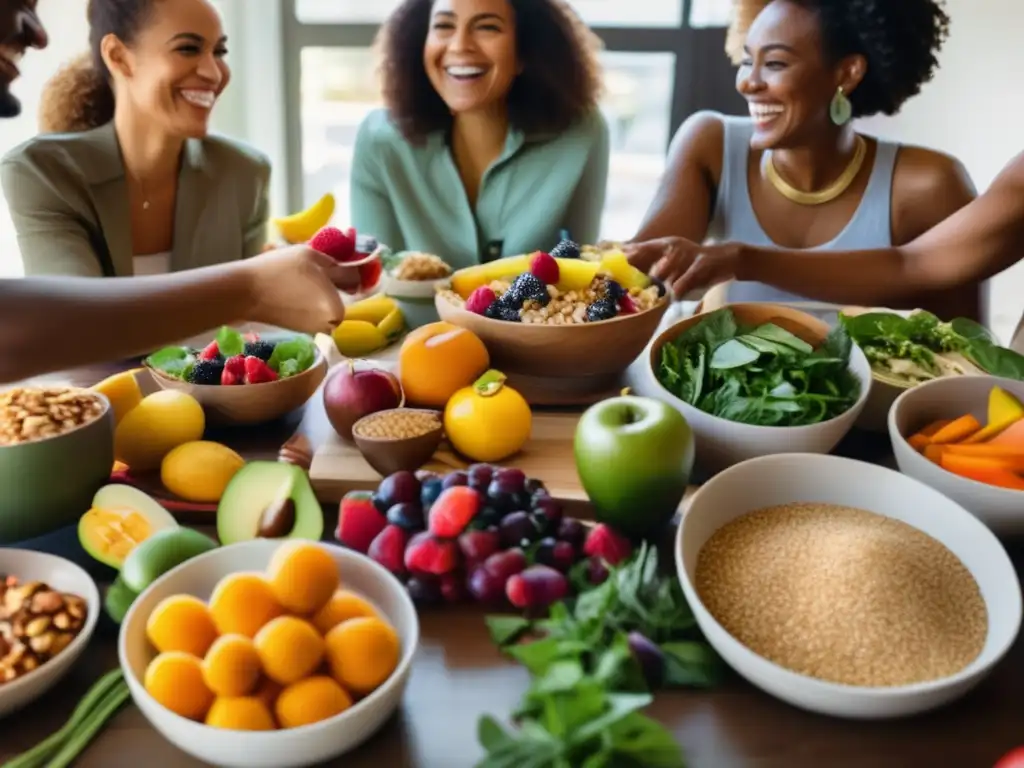 Un grupo diverso disfruta de una comida saludable y animada, fomentando la nutrición intuitiva para una vida saludable.