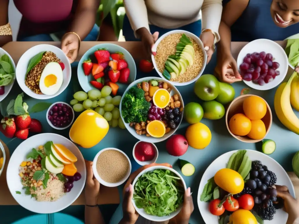 Un grupo diverso disfruta de una comida saludable y colorida, fomentando la conexión y el bienestar. Se destaca la importancia de los trastornos alimentarios desde una perspectiva de género.