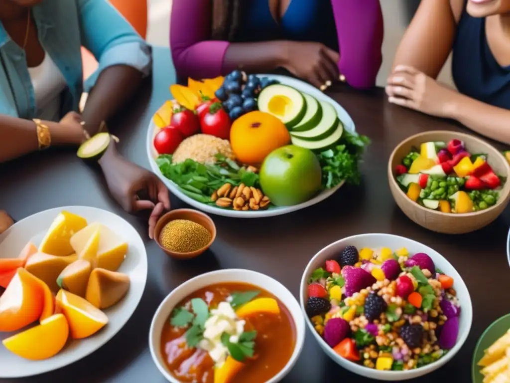 Un grupo diverso disfruta una comida saludable en un ambiente acogedor, promoviendo la relación entre trastornos alimentarios y salud mental.