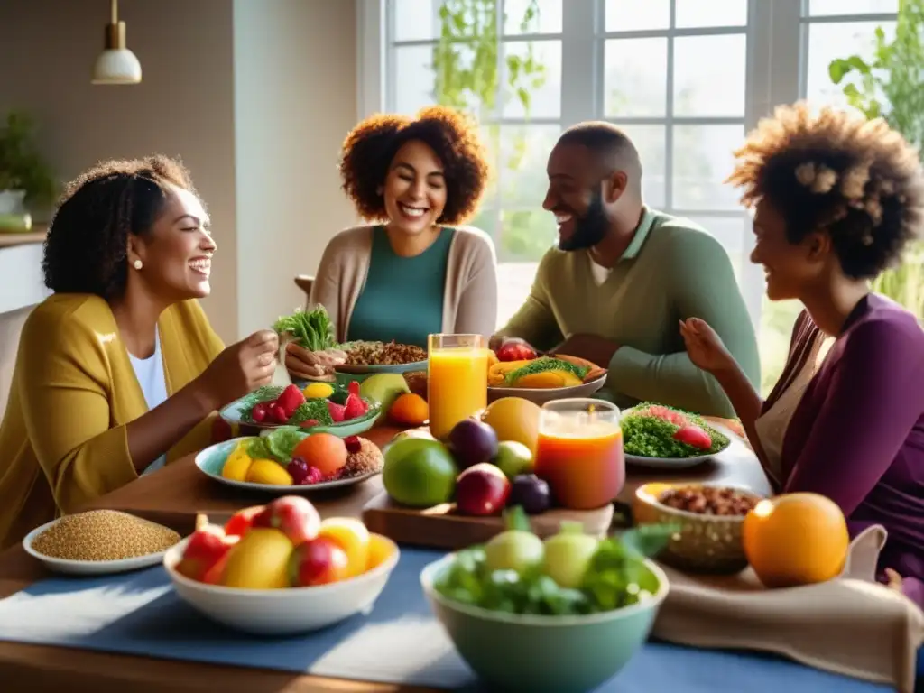 Un grupo diverso disfruta una comida saludable y colorida, practicando la alimentación consciente para combatir obesidad.