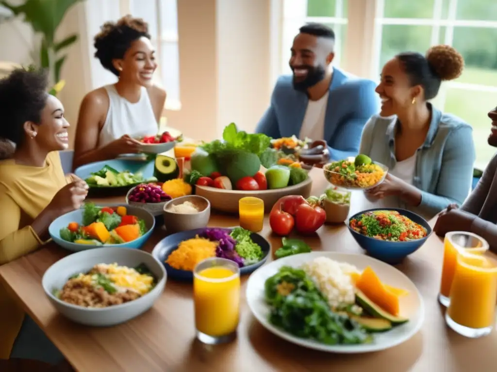 Un grupo diverso comparte una comida saludable y colorida. <b>La luz natural crea un ambiente cálido y acogedor.</b> Dieta hipoalergénica para alergias.