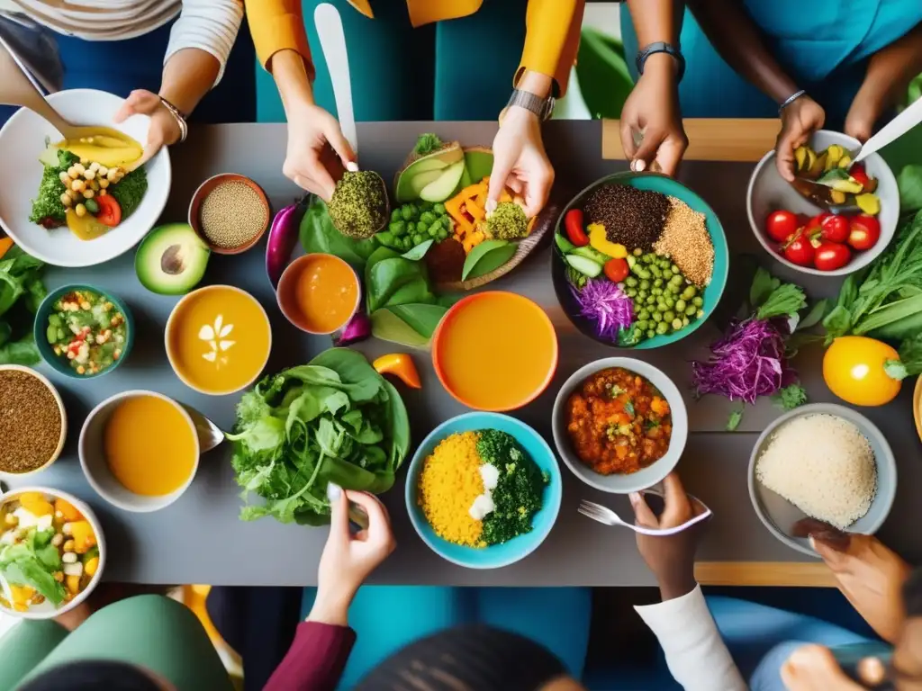 Un grupo diverso disfruta de una comida vegana colorida y fresca, resaltando los beneficios del flexitarianismo para la salud.