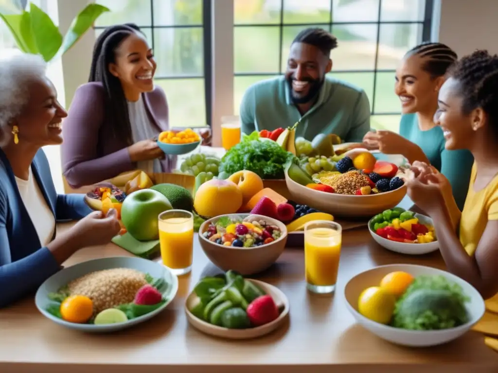 Un grupo diverso disfruta de una comida vegana colorida y fresca. <b>Desventajas y ventajas reales de la alimentación vegana.