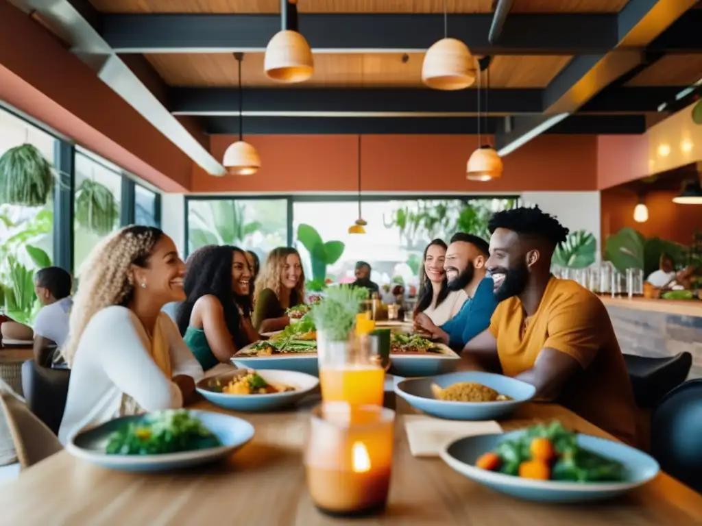 Un grupo diverso disfruta de una comida vegana en un restaurante sostenible, creando un ambiente cálido y ético.