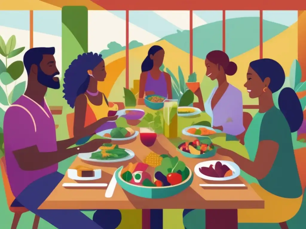 Un grupo diverso disfruta de una comida vegetal en un entorno sostenible. Impacto de elecciones alimenticias en cambio climático.