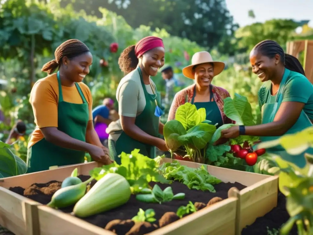 Un grupo diverso cultiva un jardín comunitario, promoviendo la dieta saludable y combatiendo el impacto del cambio climático.