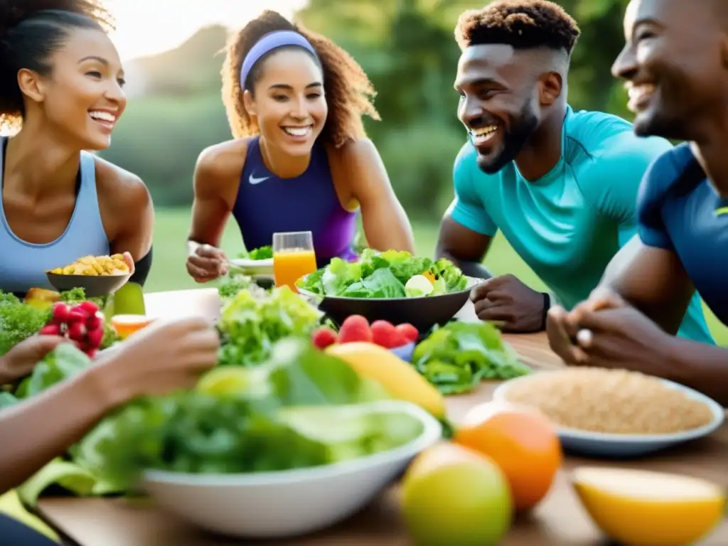 Un grupo diverso de corredores sonrientes disfruta de una comida saludable juntos, transmitiendo camaradería y hábitos alimenticios positivos. La imagen muestra una variedad de alimentos coloridos y nutrientes, evocando vitalidad y energía, en línea con el enfoque del artículo sobre 'Dieta saludable para cor