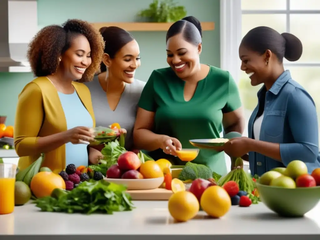 Un grupo diverso de cuidadores y personas con diabetes cocinan juntos en una cocina brillante, promoviendo la nutrición y el apoyo emocional. <b>Consejos nutrición cuidadores diabetes.