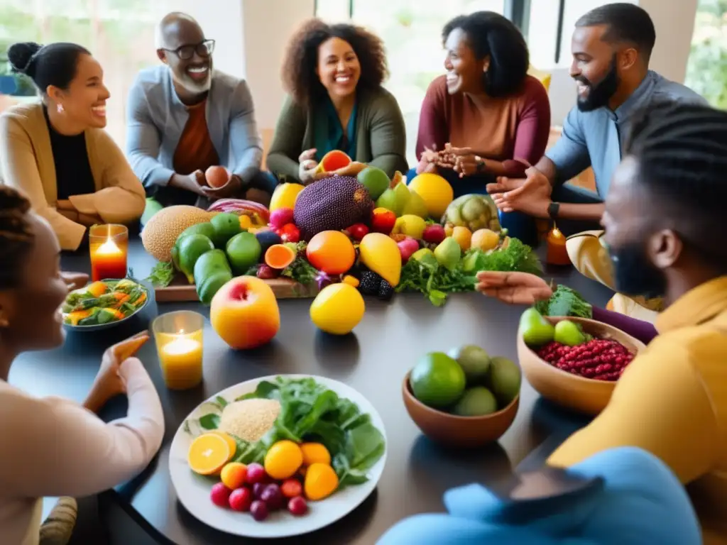 Un grupo diverso debate estrategias nutricionales cambio climático con entusiasmo, rodeado de alimentos coloridos y locales.