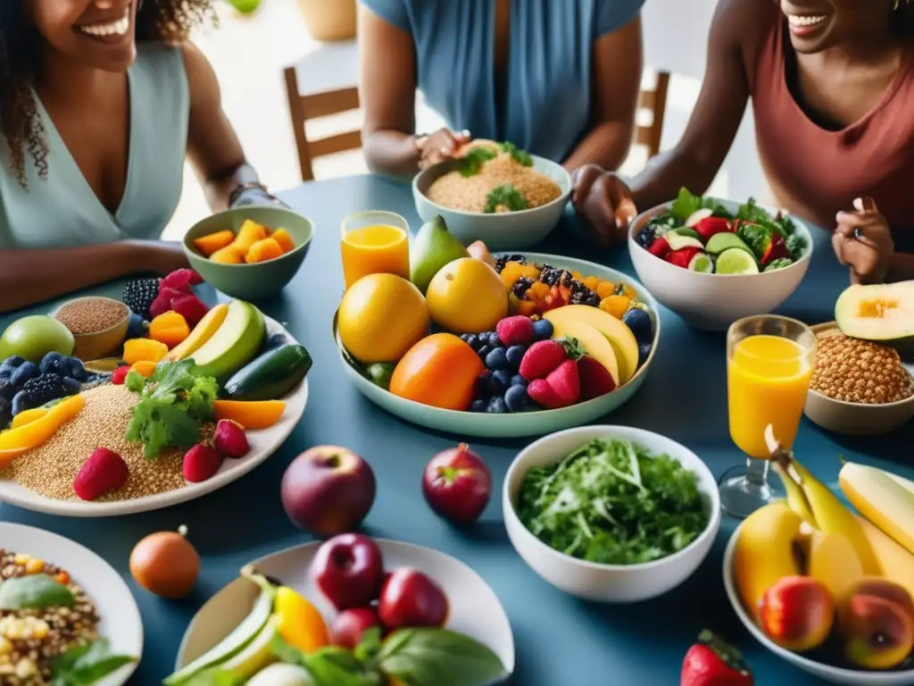 Un grupo diverso disfruta de una deliciosa comida saludable, transmitiendo alegría y conexión. <b>Consejos para alimentación consciente.