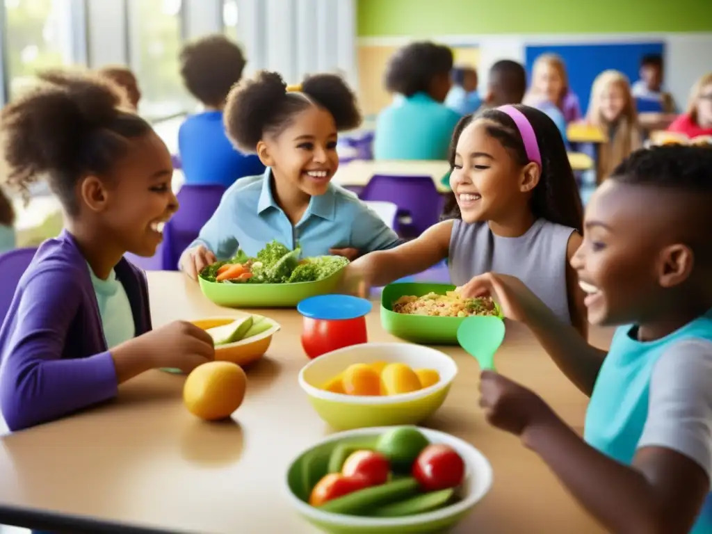 Un grupo diverso de jóvenes estudiantes participa entusiasmado en una lección práctica sobre nutrición en la cafetería de la escuela. <b>La atmósfera rebosa alegría y aprendizaje.</b> <b>Enseñando nutrición en las escuelas.