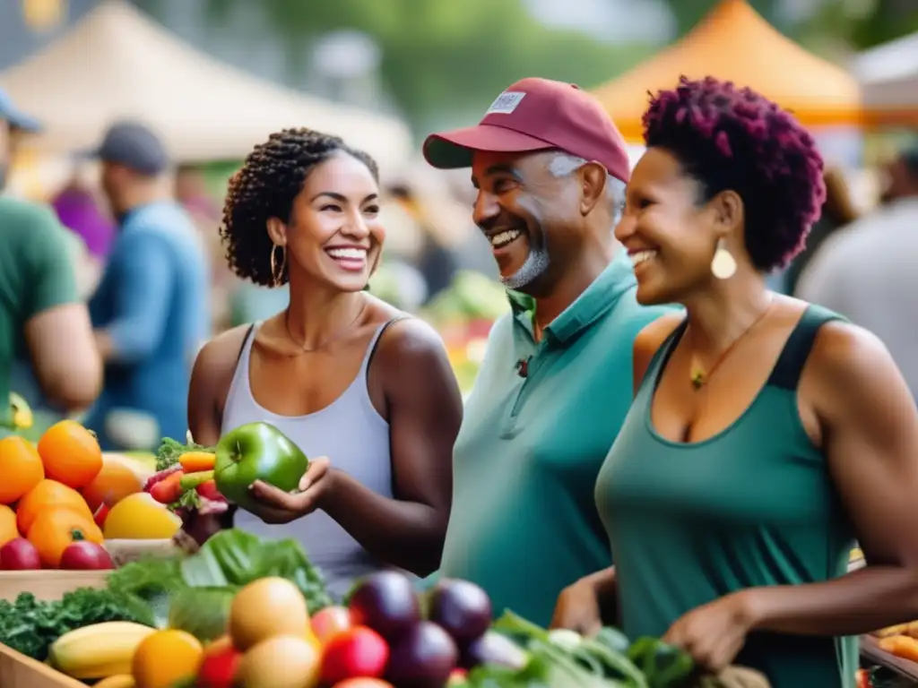 Un grupo diverso disfruta de frutas y verduras en un mercado, transmitiendo la comunidad y los beneficios de las dietas vegetarianas.