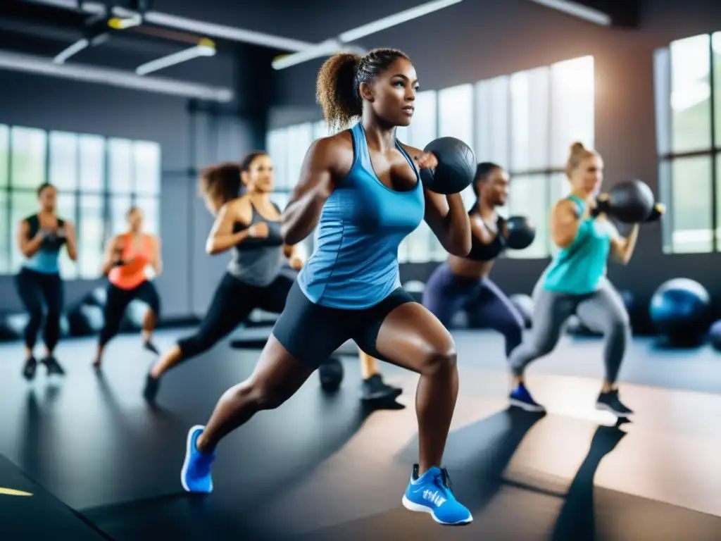 Un grupo diverso se ejercita en un gimnasio moderno, mostrando determinación y motivación. Se enfocan en nuevas estrategias nutricionales para combatir la obesidad, promoviendo un estilo de vida activo y saludable.