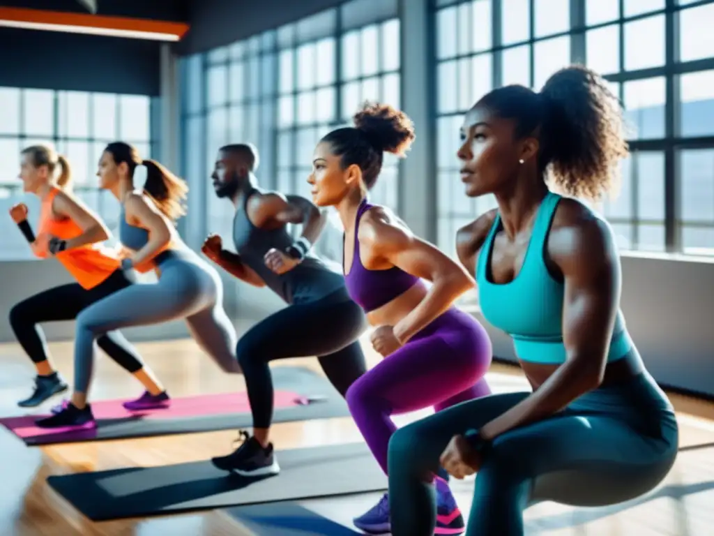 Un grupo diverso se ejercita en un gimnasio moderno con luz natural. <b>Muestra fuerza, energía y trabajo en equipo.</b> 'Análisis crítico dietas moda 2023'