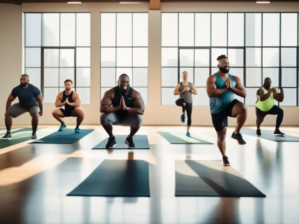 Un grupo diverso de hombres fuertes y seguros practican ejercicio en un gimnasio moderno, desafiando estereotipos. <b>Desórdenes alimentarios en hombres.