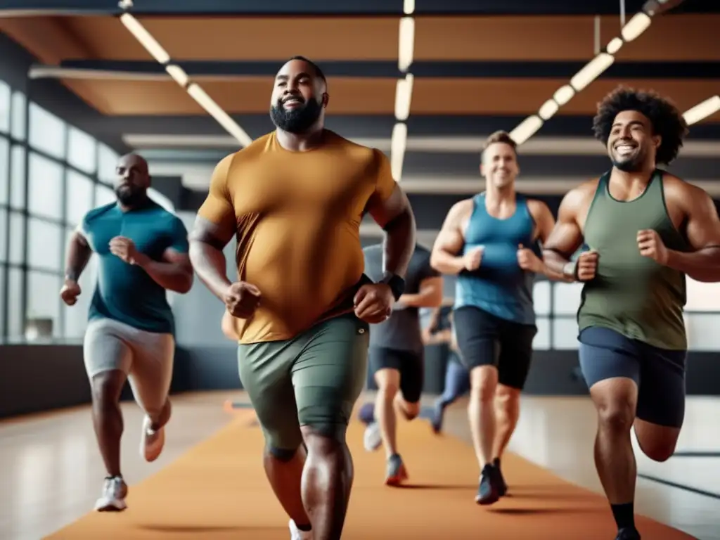 Un grupo diverso de hombres de diferentes tipos de cuerpo y etnias participando en actividades físicas en un gimnasio moderno, promoviendo la salud masculina inclusiva. <b>Desórdenes alimentarios en hombres.