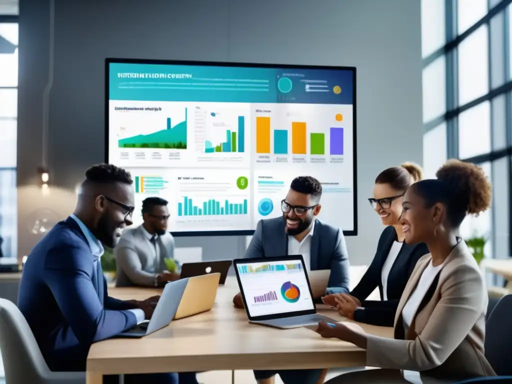 Equipo diverso analizando datos de nutrición en moderna oficina Un grupo diverso utiliza las mejores opciones software nutrición en una oficina contemporánea, colaborando y analizando datos juntos.