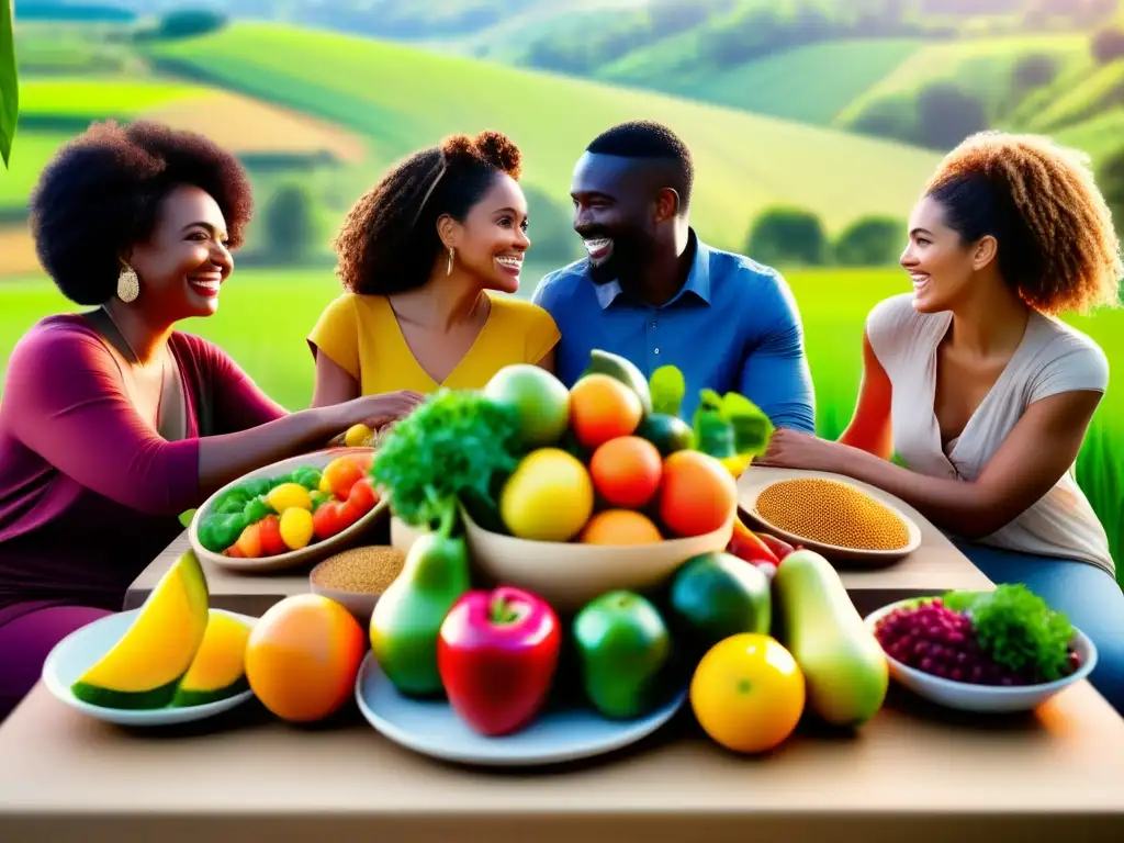 Un grupo diverso disfruta de una mesa comunitaria con alimentos sostenibles en medio de un paisaje de granja. <b>Dieta sostenible para salud planetaria.