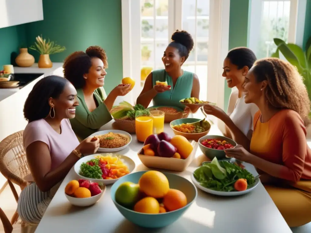 Un grupo diverso de mujeres disfruta de una comida colorida y nutritiva en una cocina soleada, transmitiendo positividad y empoderamiento. <b>Alimentación saludable y ciclo menstrual.