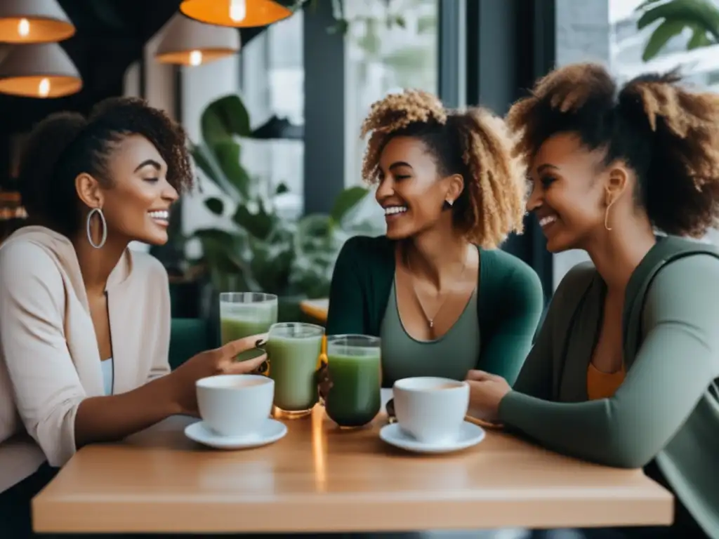 Un grupo diverso de mujeres comparte consejos de ayuno intermitente en un café, irradiando confianza y apoyo mutuo en un ambiente moderno y acogedor.