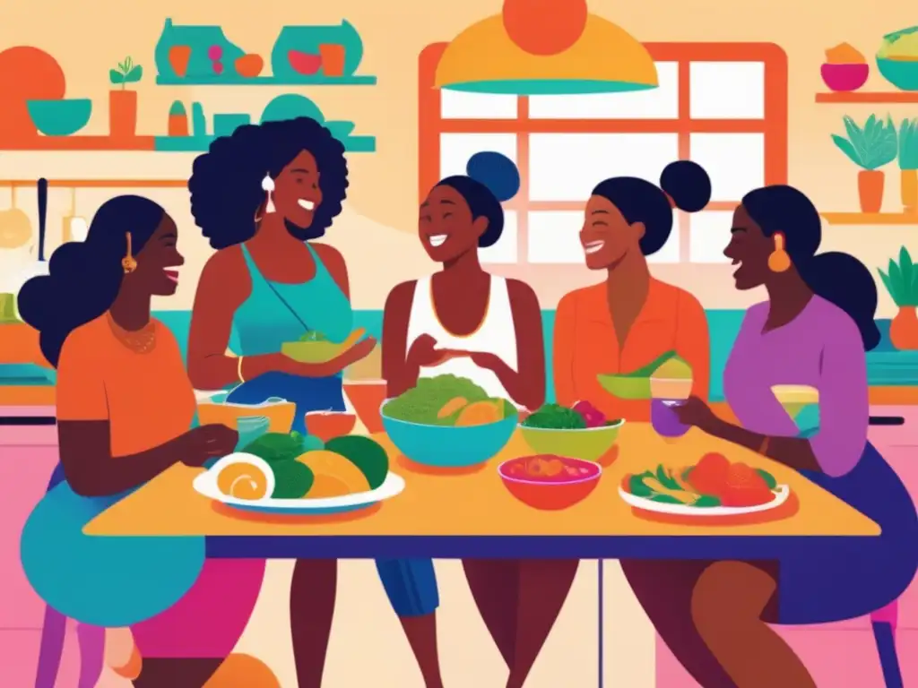 Un grupo diverso de mujeres disfruta de una alimentación saludable y conversaciones en una cocina luminosa. <b>Alimentación saludable y ciclo menstrual.