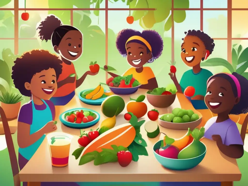 Un grupo diverso de niños disfruta de una comida saludable y equilibrada en un ambiente cálido y acogedor, rodeado de naturaleza. Consejos para alimentación saludable en niños