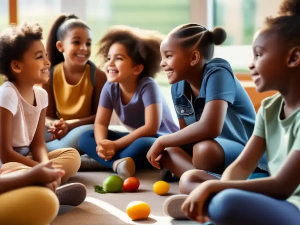 Un grupo diverso de niños participa en una conversación sobre trastornos alimentarios en un entorno cálido y acogedor. Conciencia trastornos alimentarios infancia