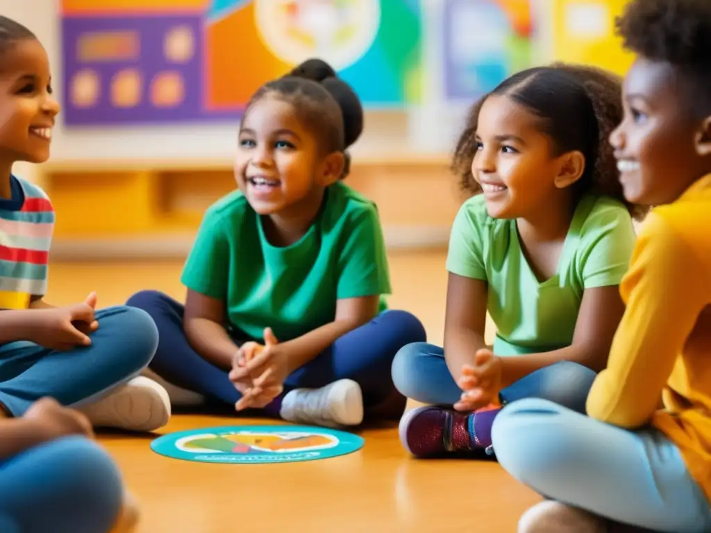 Un grupo diverso de niños participa en una conversación animada sobre la conciencia de los trastornos alimentarios en una aula colorida y acogedora.