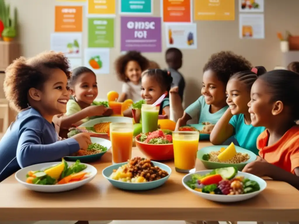 Un grupo diverso de niños de diferentes edades disfruta de una comida saludable en un ambiente cálido y educativo. <b>Guías alimentación por edades.