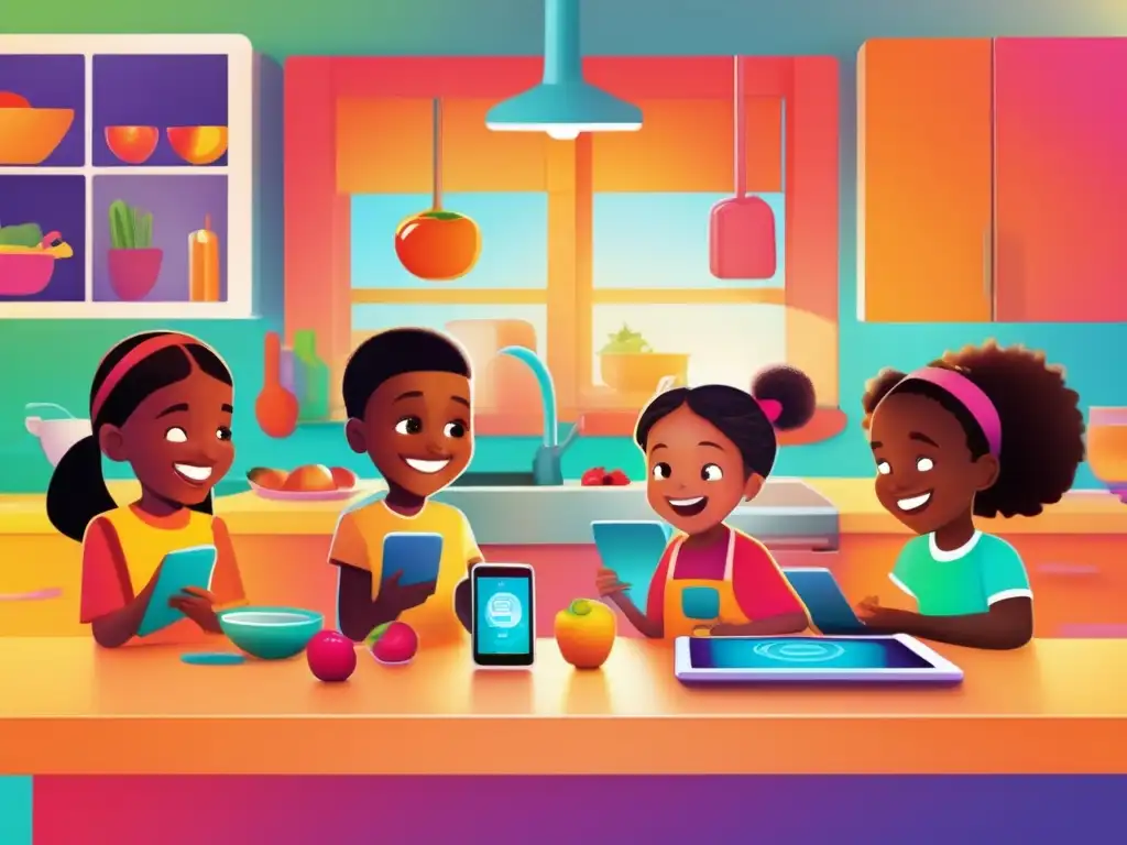 Niños felices aprendiendo sobre nutrición en una cocina futurista