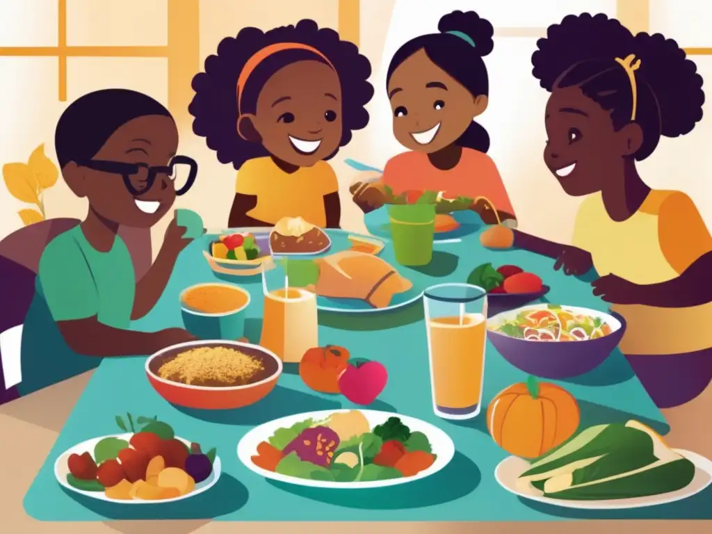 Un grupo diverso de niños con necesidades especiales disfruta una comida balanceada juntos. La ilustración moderna refleja la importancia de la nutrición especializada para su bienestar, transmitiendo calidez, cuidado y empoderamiento.