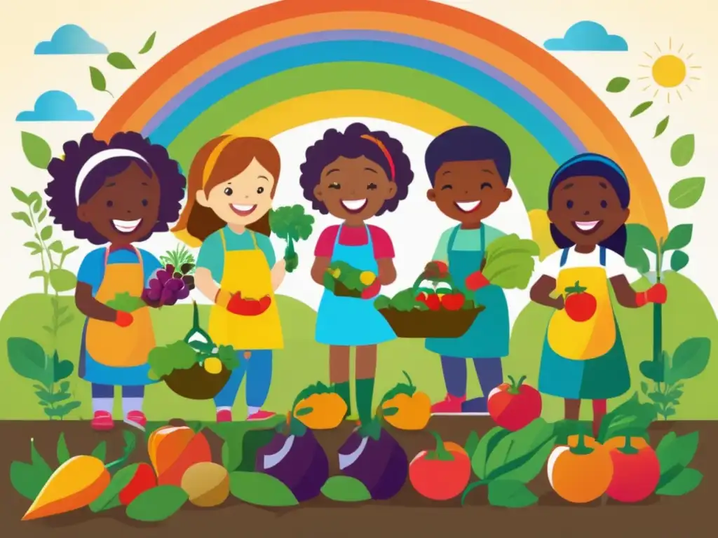 Un grupo diverso de niños sonrientes cosecha frutas y verduras en un jardín soleado, promoviendo hábitos saludables de alimentación desde la infancia.