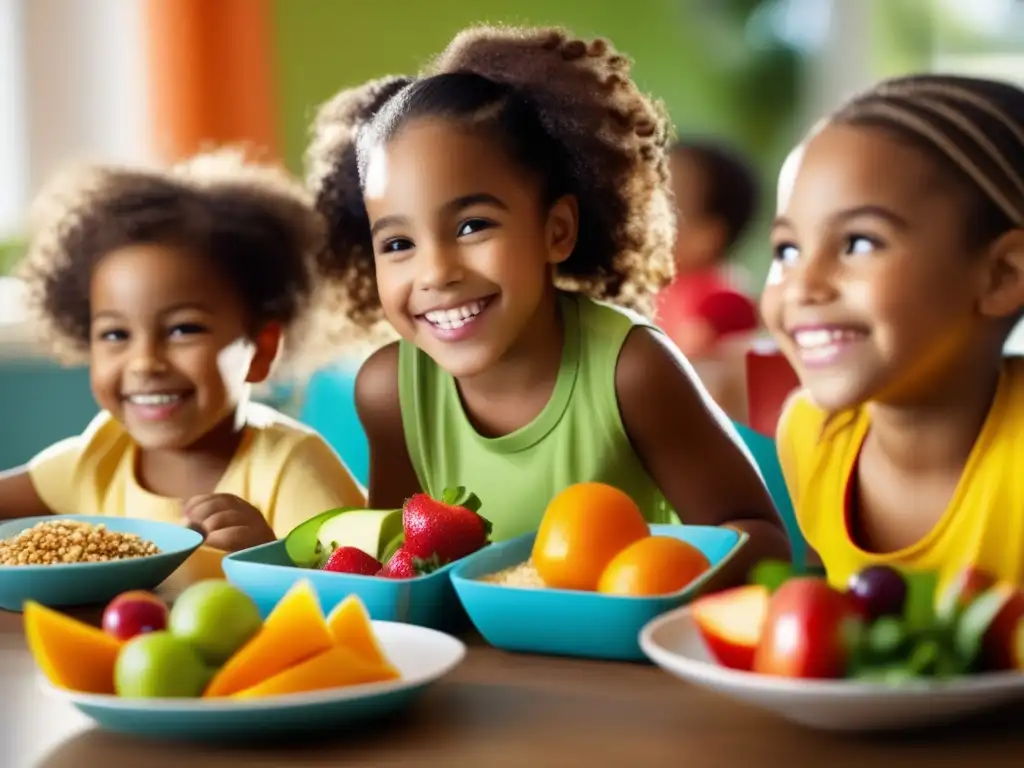 Un grupo diverso de niños sonrientes disfruta de una comida colorida y nutritiva juntos, reflejando hábitos alimentarios saludables en la infancia.