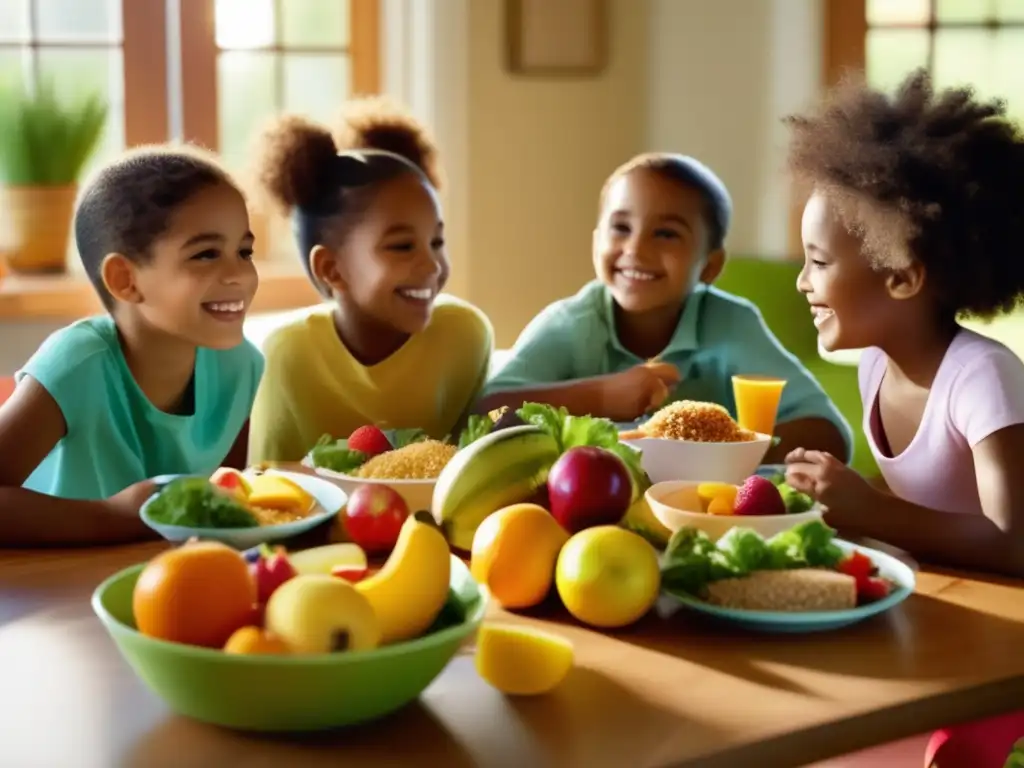 Un grupo diverso de niños sonrientes disfrutan de una comida colorida y nutritiva juntos en una mesa, mostrando el impacto positivo del tratamiento nutricional para la bulimia infantil. La luz del sol crea un ambiente cálido y acogedor.